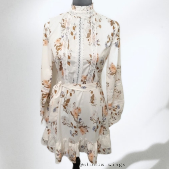 Eilly Bazar Floral Lace Insert Belted Dress - Size Small Flower Ruffle Hem Dress - Picture 2 of 13
